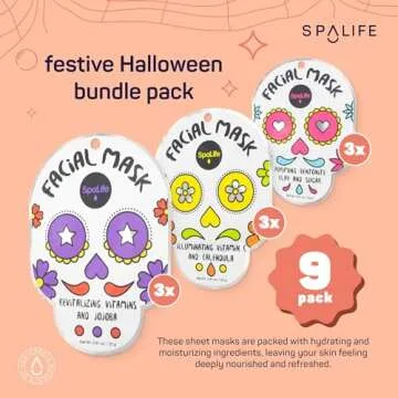 SpaLife Dia de Muertos Facial Mask Variety Pack - 9 Count for Hydrating and Refreshing Skin Care Korean Sheet Masks - Moisturizing Face Mask Sheets for Spa-Like Skin Rejuvenation