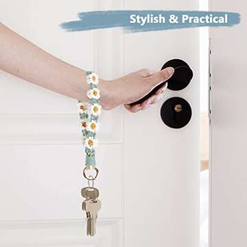 elephtree Boho Macrame Keychain Wristlet Keychain Weave Exquisite Keyring Holder Bracelet Handmade Wrist Lanyard for Women (Green flower)