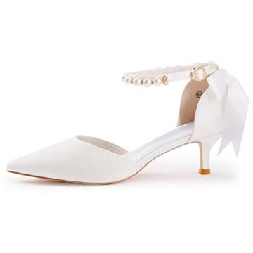 Coutgo Womens Pearl Ankle Strap Pumps Low Kitten Heel D'Orsay Satin Back Tieknot Heels Pointed Toe Wedding Party Dress Shoes