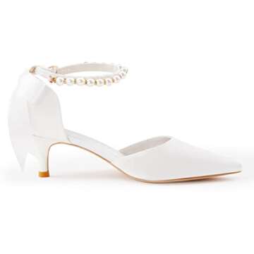 Coutgo Womens Pearl Ankle Strap Pumps Low Kitten Heel D'Orsay Satin Back Tieknot Heels Pointed Toe Wedding Party Dress Shoes