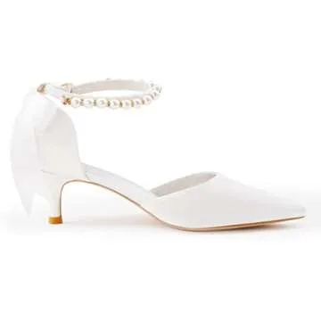 Coutgo Womens Pearl Ankle Strap Pumps Low Kitten Heel D'Orsay Satin Back Tieknot Heels Pointed Toe Wedding Party Dress Shoes