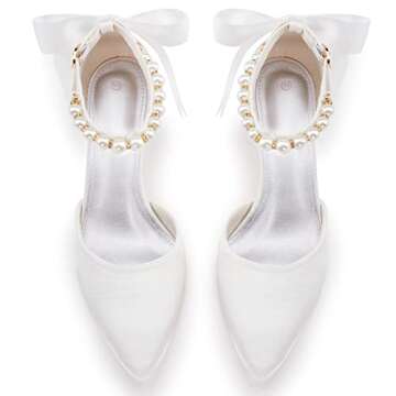 Coutgo Womens Pearl Ankle Strap Pumps Low Kitten Heel D'Orsay Satin Back Tieknot Heels Pointed Toe Wedding Party Dress Shoes