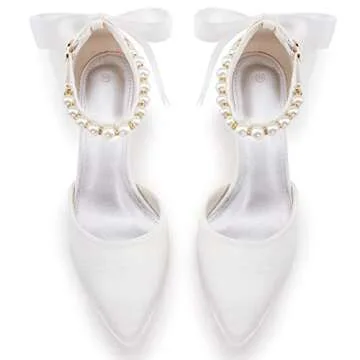 Coutgo Womens Pearl Ankle Strap Pumps Low Kitten Heel D'Orsay Satin Back Tieknot Heels Pointed Toe Wedding Party Dress Shoes