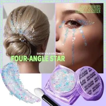 Teenitor Face Glitter Body Glitter, Clear White Body Glitter Gel, Hair Glitter Gel, 6 Shapes Rave Glitter, Mermaid Sequins Makeup Glitters Face Paint, Chunky Sparkling Glitter Gel for Women