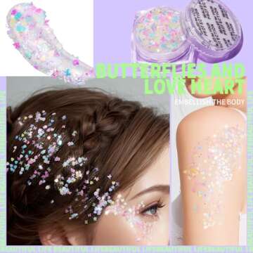 Teenitor Face Glitter Body Glitter, Clear White Body Glitter Gel, Hair Glitter Gel, 6 Shapes Rave Glitter, Mermaid Sequins Makeup Glitters Face Paint, Chunky Sparkling Glitter Gel for Women
