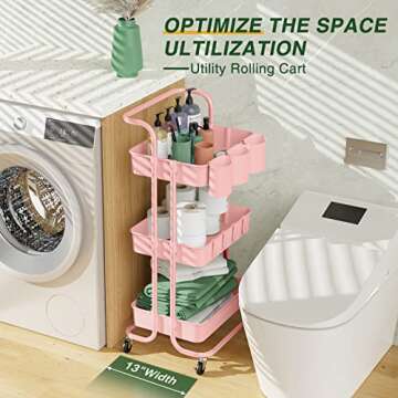 LEHOM 3-Tier Rolling Mobile Utility Cart with Hanging Cups & Hooks & Handle Multifunctional Organize...