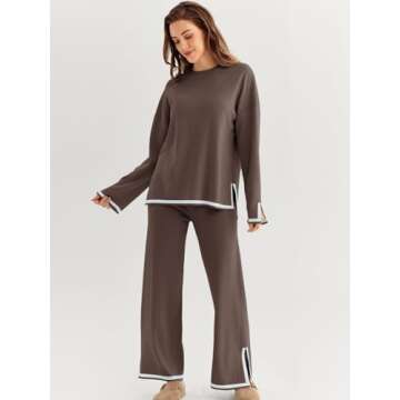 LILLUSORY Women Fall 2 Piece Lounge Set Outfits Sweatsuits Long Sleeve Sweater Tops Wide Leg Pants 2025 Nutmeg M