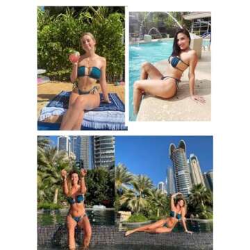 ZAFUL Women's Strapless Bikini Ribbed Tie Back Ruffle Cutout Bandeau Bikini Set Swimsuit (2-Blue, S)