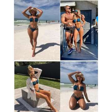 ZAFUL Women's Strapless Bikini Ribbed Tie Back Ruffle Cutout Bandeau Bikini Set Swimsuit (2-Blue, S)