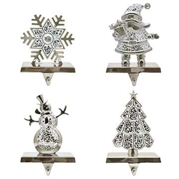 CARAKNOTS Christmas Stocking Holder for Mantel Set of 4 Silver Christmas Stocking Holders Rustic Stocking Hangers for Mantle Fireplace Stocking Hooks for Christmas Party Decoration