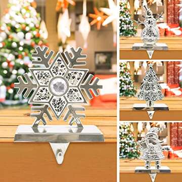 CARAKNOTS Christmas Stocking Holder for Mantel Set of 4 Silver Christmas Stocking Holders Rustic Stocking Hangers for Mantle Fireplace Stocking Hooks for Christmas Party Decoration