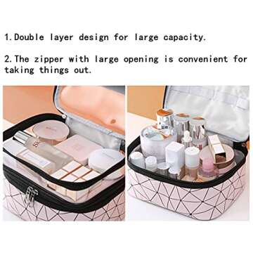 2PCS Large Cosmetic Bags Makeup Organizer Travel Cases Double Layer Makeup Bags Geometric Waterproof Toiletry Bags Set for Women Black