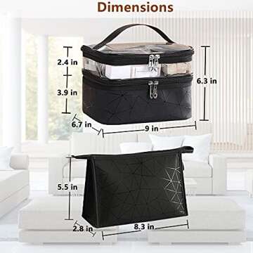 2PCS Large Cosmetic Bags Makeup Organizer Travel Cases Double Layer Makeup Bags Geometric Waterproof Toiletry Bags Set for Women Black
