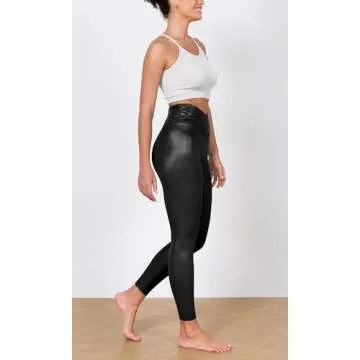 ODODOS Women's Cross Waist 7/8 Yoga Leggings with Inner Pocket, Inseam 25" Gathered Crossover Workout Yoga Pants, Hot Stamping Shiny Black, X-Small