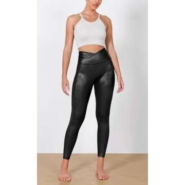 ODODOS Women's Cross Waist 7/8 Yoga Leggings with Inner Pocket, Inseam 25" Gathered Crossover Workout Yoga Pants, Hot Stamping Shiny Black, X-Small