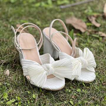 Women's Bow Heels Wedding Sandals Shoes Chunky Heel Cute Pleated Open Toe Ankle Strap Block Heel Summer Bridal/Bridesmaid Dress Shoe （White 9）