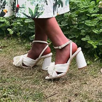 Women's Bow Heels Wedding Sandals Shoes Chunky Heel Cute Pleated Open Toe Ankle Strap Block Heel Summer Bridal/Bridesmaid Dress Shoe （White 9）