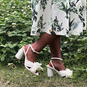 Women's Bow Heels Wedding Sandals Shoes Chunky Heel Cute Pleated Open Toe Ankle Strap Block Heel Summer Bridal/Bridesmaid Dress Shoe （White 9）