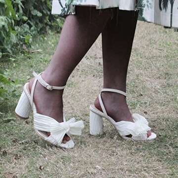 Women's Bow Heels Wedding Sandals Shoes Chunky Heel Cute Pleated Open Toe Ankle Strap Block Heel Summer Bridal/Bridesmaid Dress Shoe （White 9）