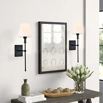 Pauwer Slim Wall Sconce Set of 2 White Fabric Shades Wall Sconce Hardwired Indoor Wall Light Column Stand Bedroom Wall Lamps Bathroom Vanity Light Fixture, Black