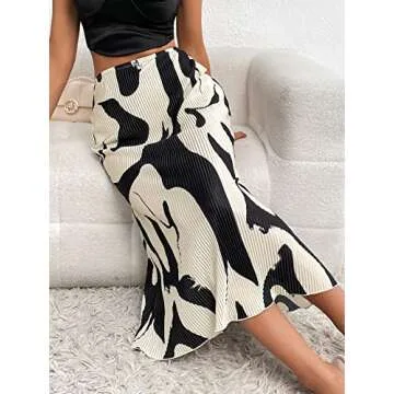Verdusa Women's High Waist Graphic Print A Line Pleated Long Skirt Black White S