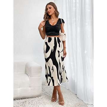 Verdusa Women's High Waist Graphic Print A Line Pleated Long Skirt Black White S