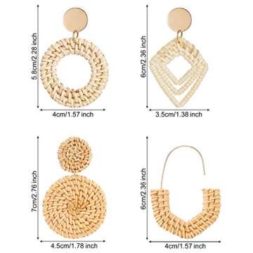 meekoo 4 Pairs Rattan Earrings for Women Beach Essentials Tassel Dangle Boho Straw Earrings (Boho)