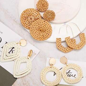 meekoo 4 Pairs Rattan Earrings for Women Beach Essentials Tassel Dangle Boho Straw Earrings (Boho)