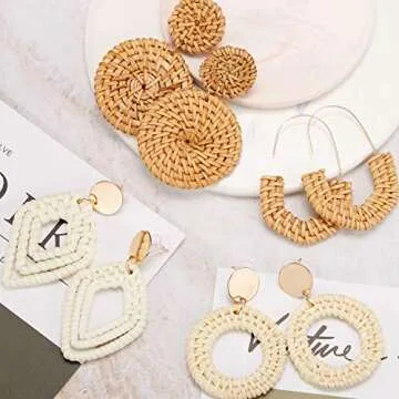 meekoo 4 Pairs Rattan Earrings for Women Beach Essentials Tassel Dangle Boho Straw Earrings (Boho)