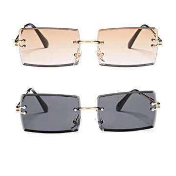 Rectangle Sunglasses for Men/Women Small Rimless Square Shade Eyewear (Tea + Black)