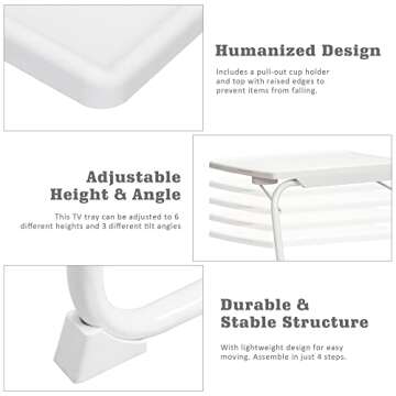 Tv Trays for Eating Set of 2, Adjustable Tv Dinner Tray Tables with 6 Height, Food Trays with Cup Holder for Eating On The Couch, White