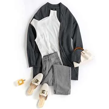 Traleubie Women's Open Front Long Sleeve Boho Boyfriend Knit Chunky Cardigan Sweater Dark Grey M