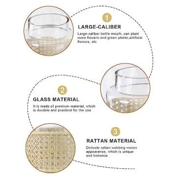 Glass Flower Vase with Rattan Cover, 7x6x6IN Modern/Farmhouse/Boho/Vintage Decor Cane Large Bottle for Living Room, Wedding, Centerpieces,Events, Dining Table, Bookshelf, Mantel and Entryway Decor