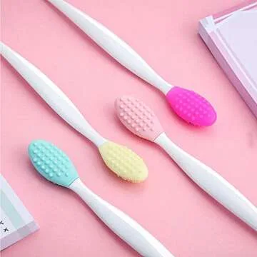 4 Pieces Silicone Exfoliating Lip Brush Tool Double-sided Soft Lip Brush for Smoother and Fuller Lip Appearance (Rose Red, Yellow, Mint Green, Pink)