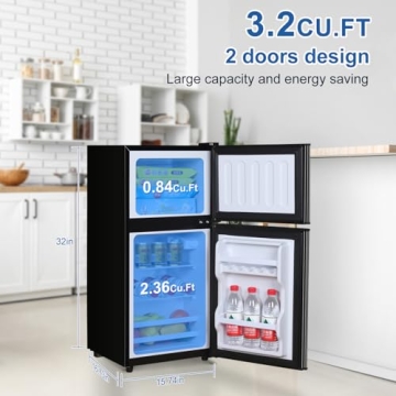 3.2 Cu.Ft Mini Fridge with Freezer - Double Door Design