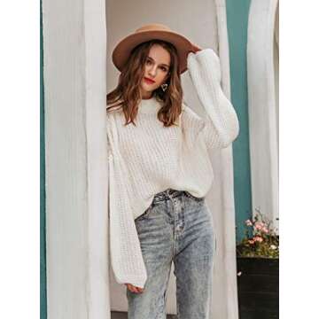 Simplee Women's Oversized Cropped Sweater Lantern Long Sleeve Loose Knit Pullover Sweater (White 0-12)