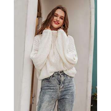 Simplee Women's Oversized Cropped Sweater Lantern Long Sleeve Loose Knit Pullover Sweater (White 0-12)