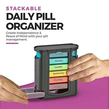 Weekly Pill Organizer, 1 Dispenser, 7 Stackable Compartments Four Times-a-Day - Morning, Noon, Eveni...