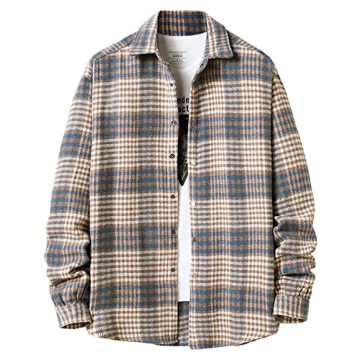 Locachy Men's Casual Cotton Plaid Shirts Long Sleeve Flannel Overshirt Jacket Blue Plaid-L