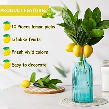 Chuangdi 10 Pieces Artificial Lemon Branches Lemon with Green Leaves Picks Artificial Lemon Picks Decoration for Home or Table Centerpiece, Holiday Farmhouse Garden Kitchen Vase Decoration