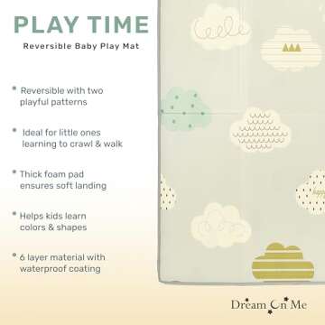 Dream On Me Play Time Reversible Baby Playmat, Foldable Extra Large Thick Foam Crawling Playmats for Toddlers, Waterproof Portable Playmat for Babies