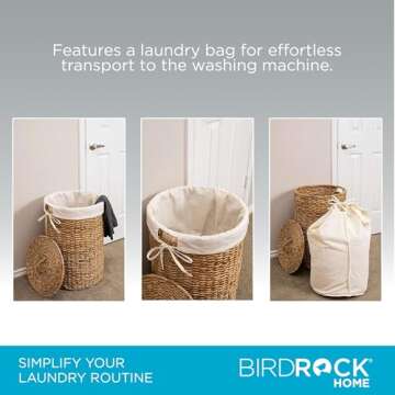 BIRDROCK HOME Seagrass Laundry Hamper with Lid & Liner - Handwoven Round Basket with Handles for Laundry/Dirty Clothes - Organizer, Storage, Shelves, Bin in Bathroom, Bedroom & Laundry Room - Natural