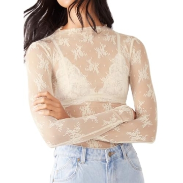 Sheer Mesh Long Sleeve Layering Top - Floral Lace Blouse for Women