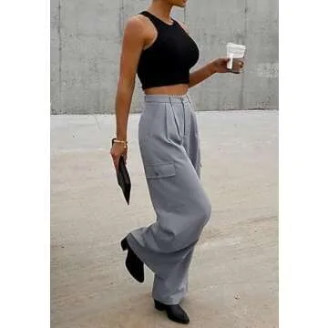 Dokotoo Lounge Women's Pants 2024 Fall Palazzo Dress Pants for Women High Waisted with Pockets Jogger Stretchy Clothing Cargo Pants Gray