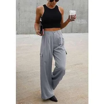 Dokotoo Lounge Women's Pants 2024 Fall Palazzo Dress Pants for Women High Waisted with Pockets Jogger Stretchy Clothing Cargo Pants Gray
