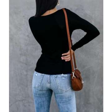 REVETRO Women V Neck Long Sleeve Tops Rayon Slim Fit Stretchy Basic Tee Layer T Shirts Winter Basic ...