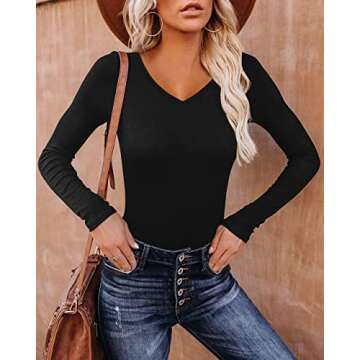 REVETRO Women V Neck Long Sleeve Tops Rayon Slim Fit Stretchy Basic Tee Layer T Shirts Winter Basic Y2k Tops Black X-Large…