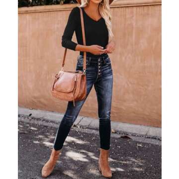 REVETRO Women V Neck Long Sleeve Tops Rayon Slim Fit Stretchy Basic Tee Layer T Shirts Winter Basic Y2k Tops Black X-Large…