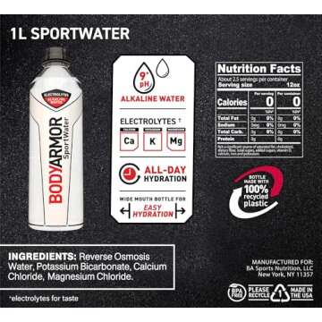 BODYARMOR SportWater, Alkaline Water with Electrolytes, 9+ pH, 1 Liter (Pack of 12)