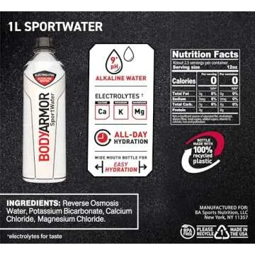 BODYARMOR SportWater, Alkaline Water with Electrolytes, 9+ pH, 1 Liter (Pack of 12)
